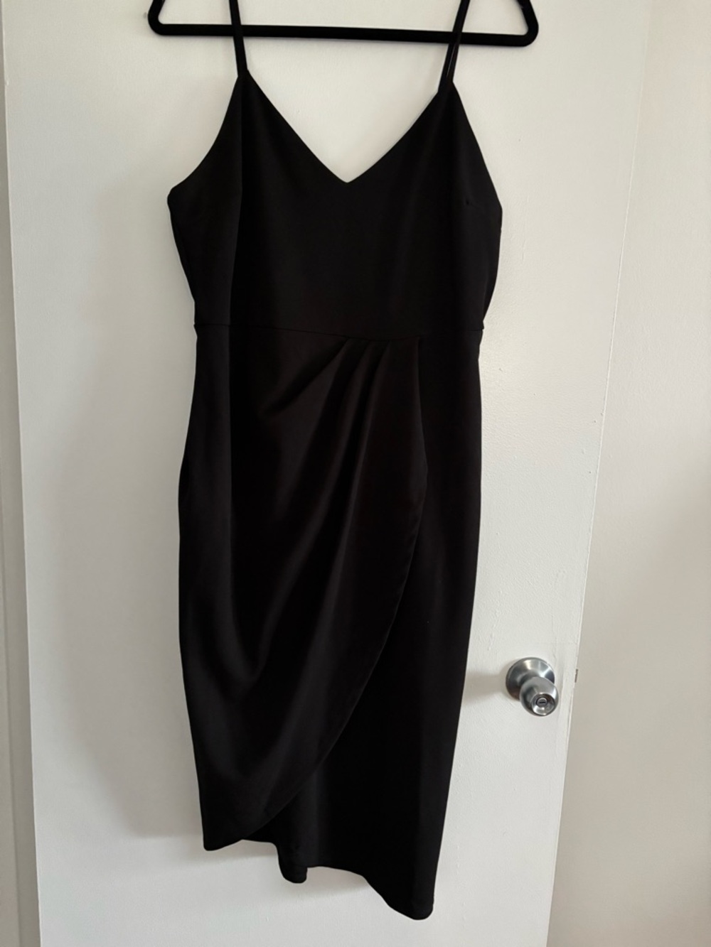 miami Black V-Neck Midi Slip Dress with Draped Skirt